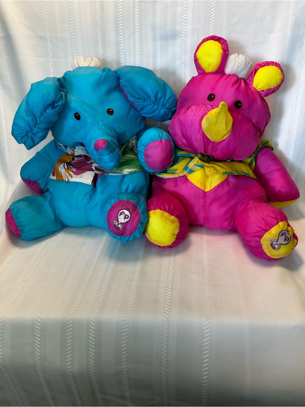 Vintage Fisher-Price Puffalumps Rhino Elephant Set Blue Pink Nylon Plush Toys